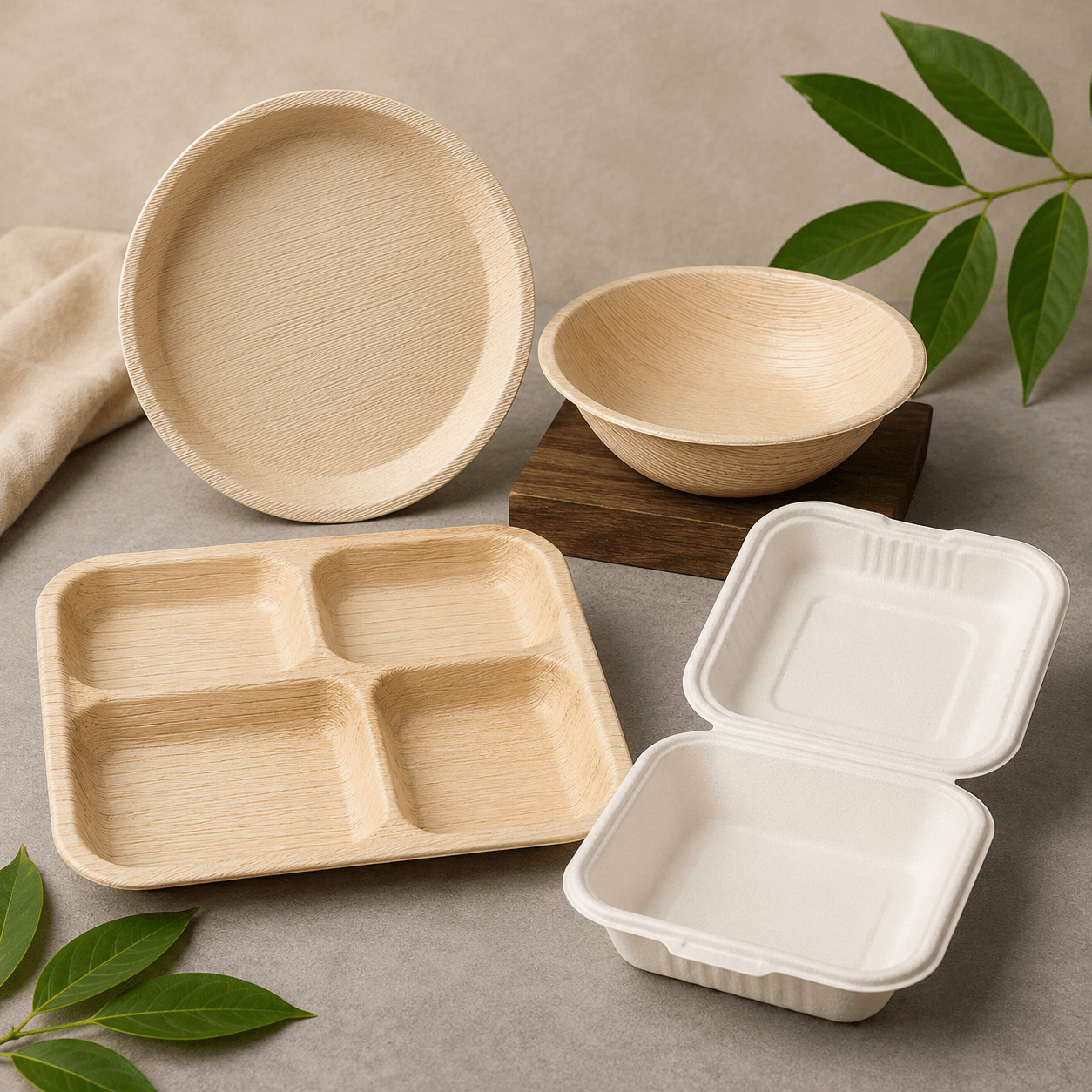 White and natural-brown sugarcane bagasse plates, bowl, meal tray and clamshell for B2B food packaging