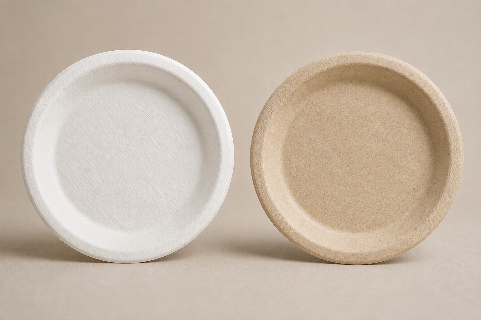 White and unbleached natural-brown bagasse tableware comparison