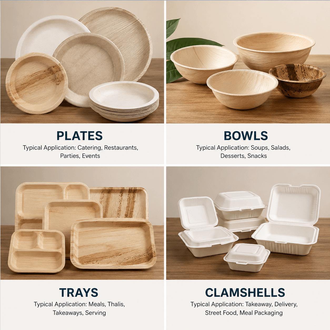 White and natural-brown sugarcane bagasse plates, bowl, meal tray and clamshell for B2B food packaging
