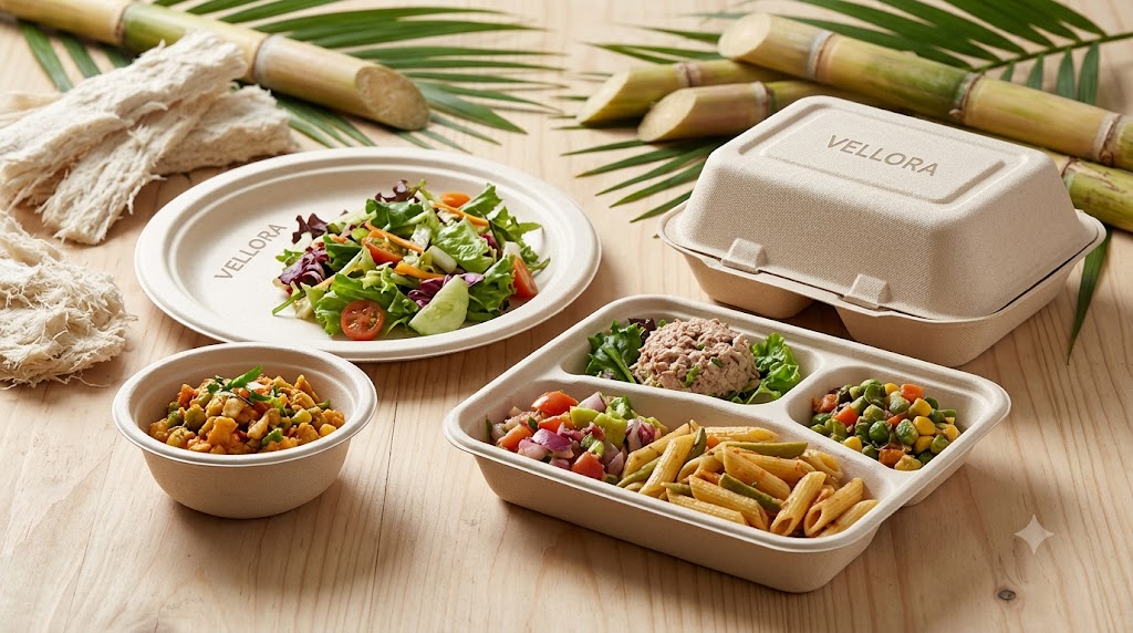 Sugarcane bagasse plates, bowls, meal trays and clamshell food packaging