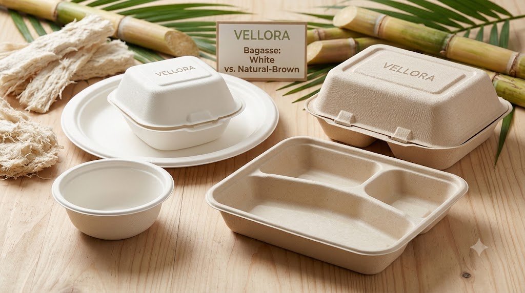 White and natural-brown sugarcane bagasse tableware